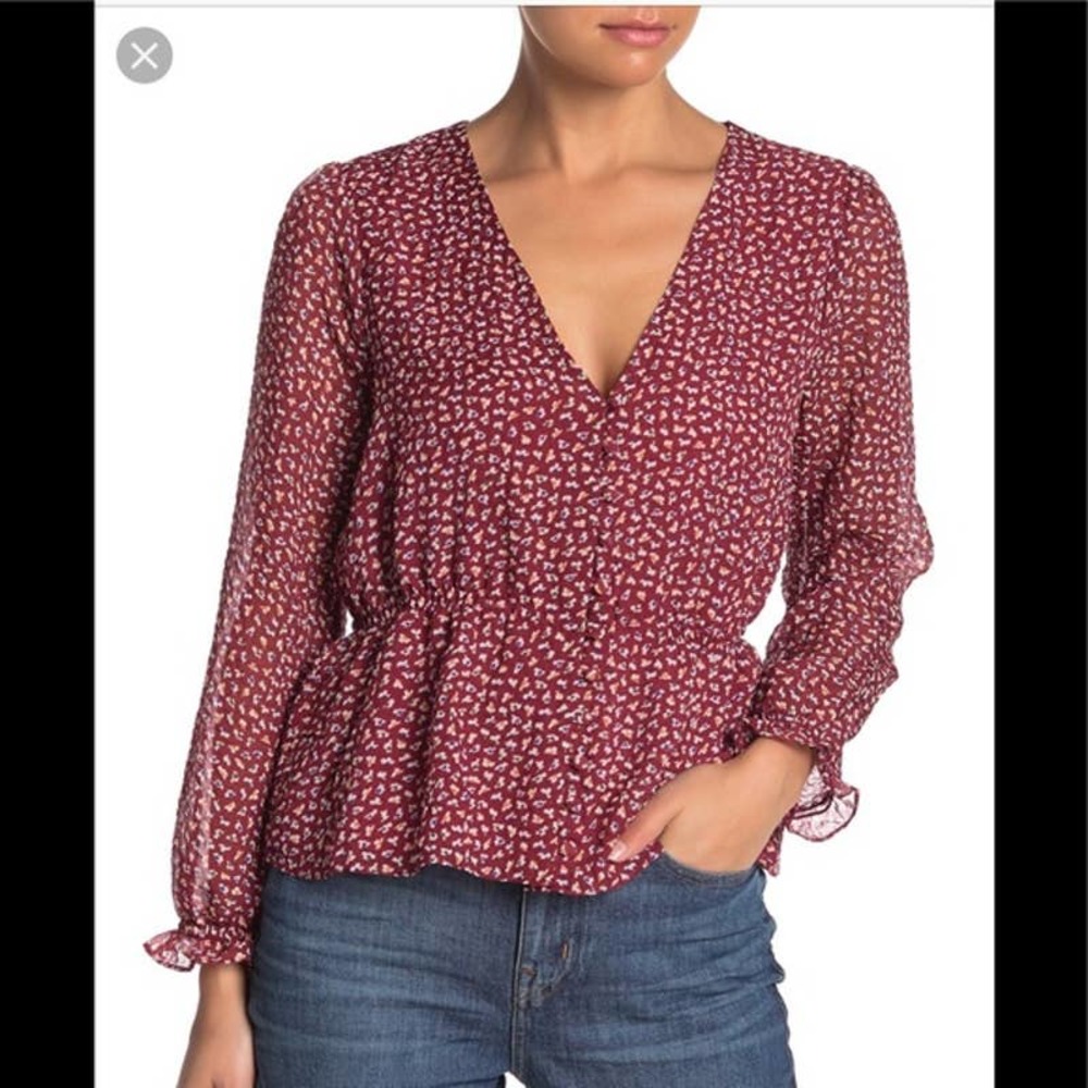 Madewell Overture Top Maroon Ditsy Floral V Neck Blouse Flirty Feminine, sz M